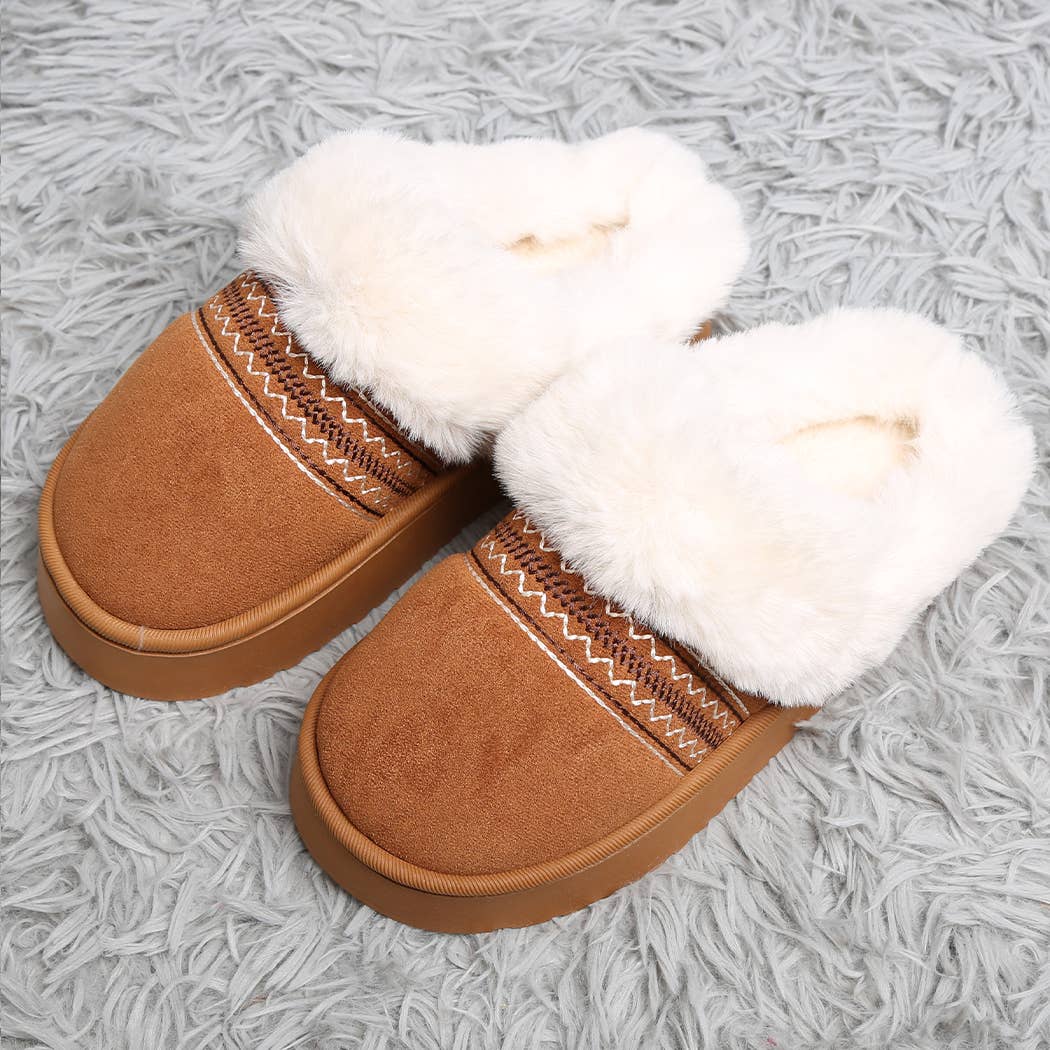 Faux Fur Suede Mule Slippers with Embroidered Trim
