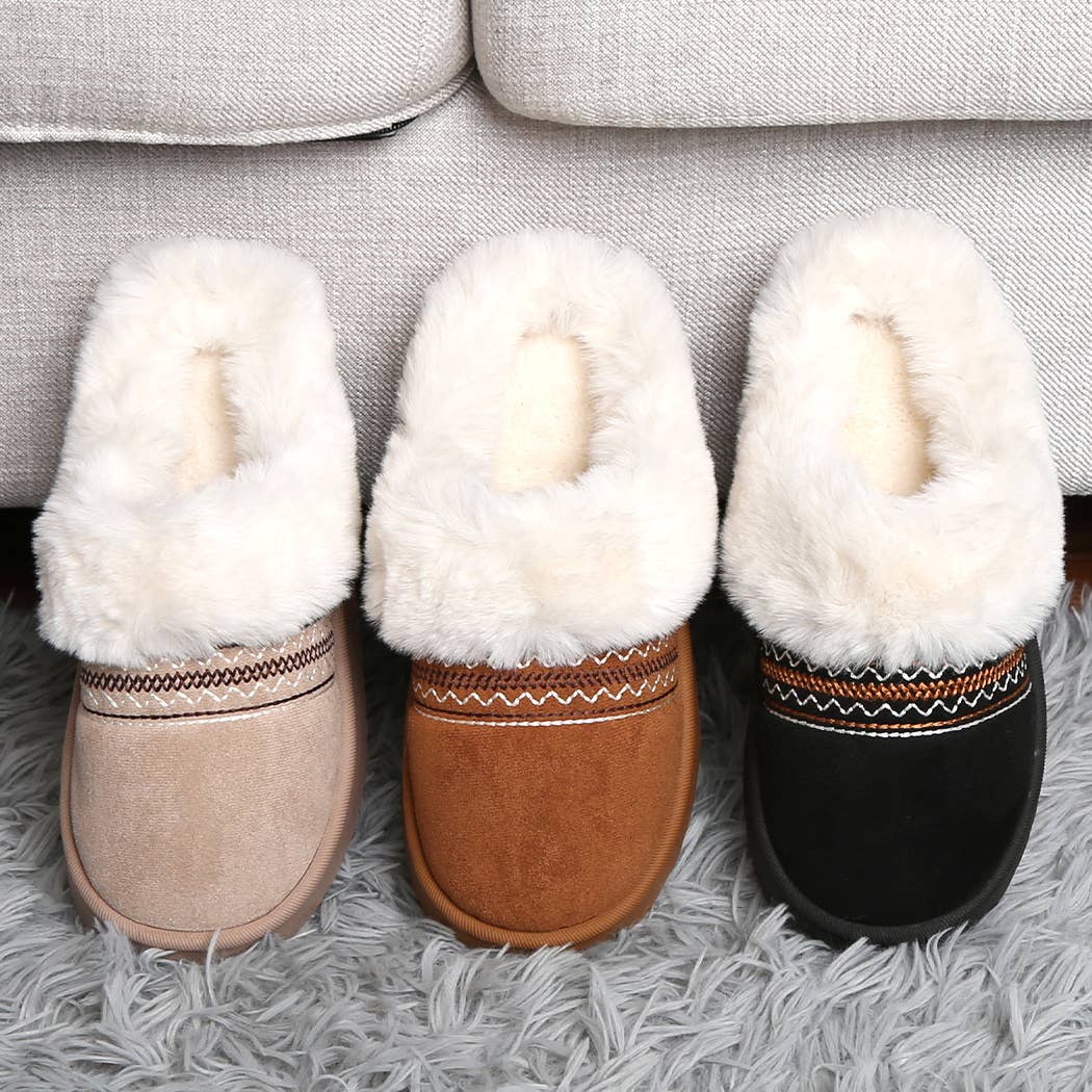 Faux Fur Suede Mule Slippers with Embroidered Trim