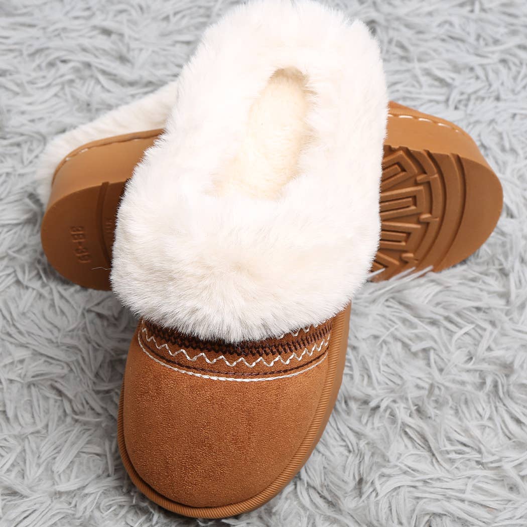 Faux Fur Suede Mule Slippers with Embroidered Trim