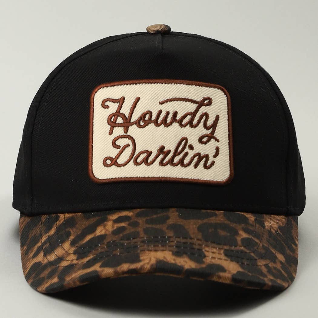 Howdy Darlin' Embroidered Leopard Brim Trucker Hat: BLACK / ONE SIZE