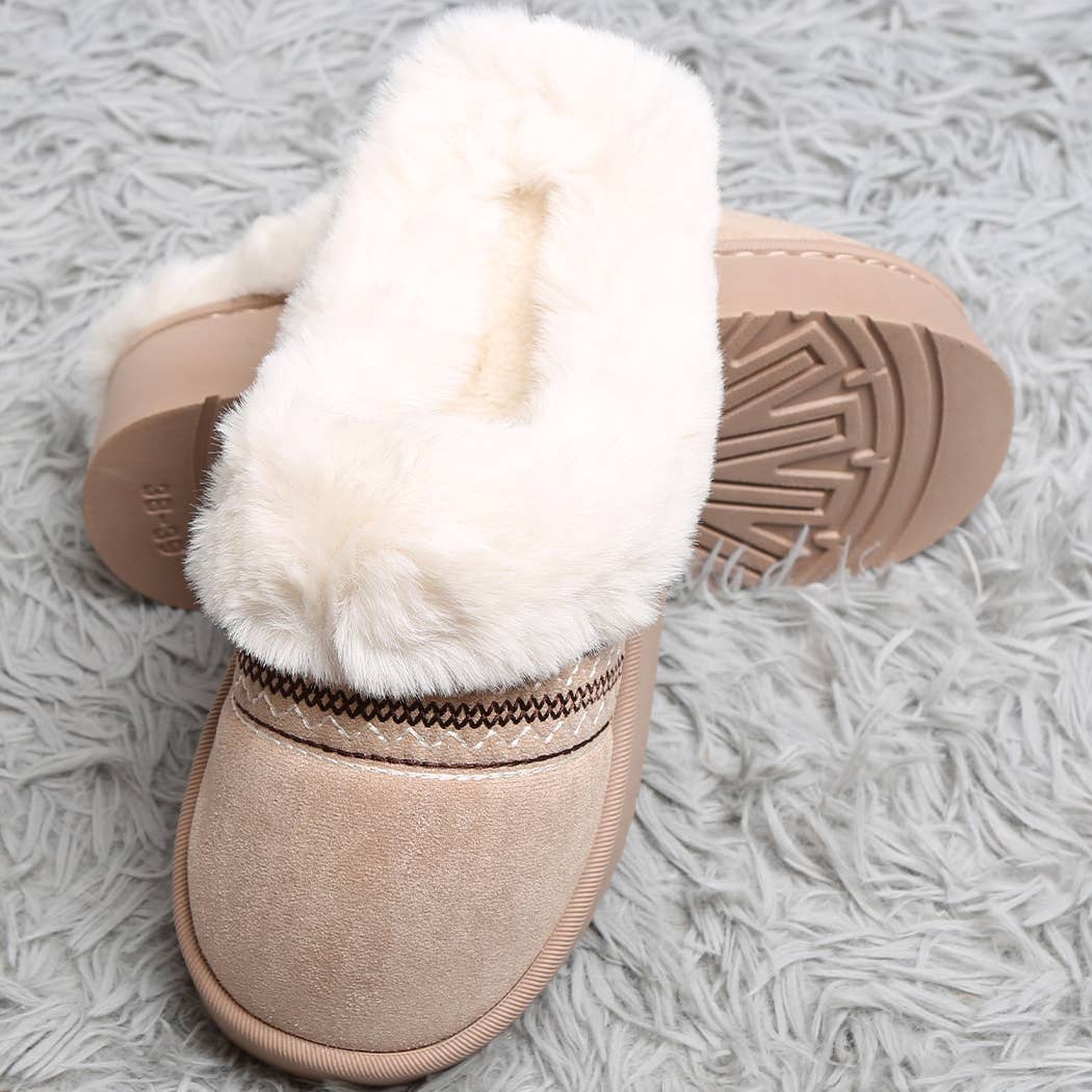 Faux Fur Suede Mule Slippers with Embroidered Trim