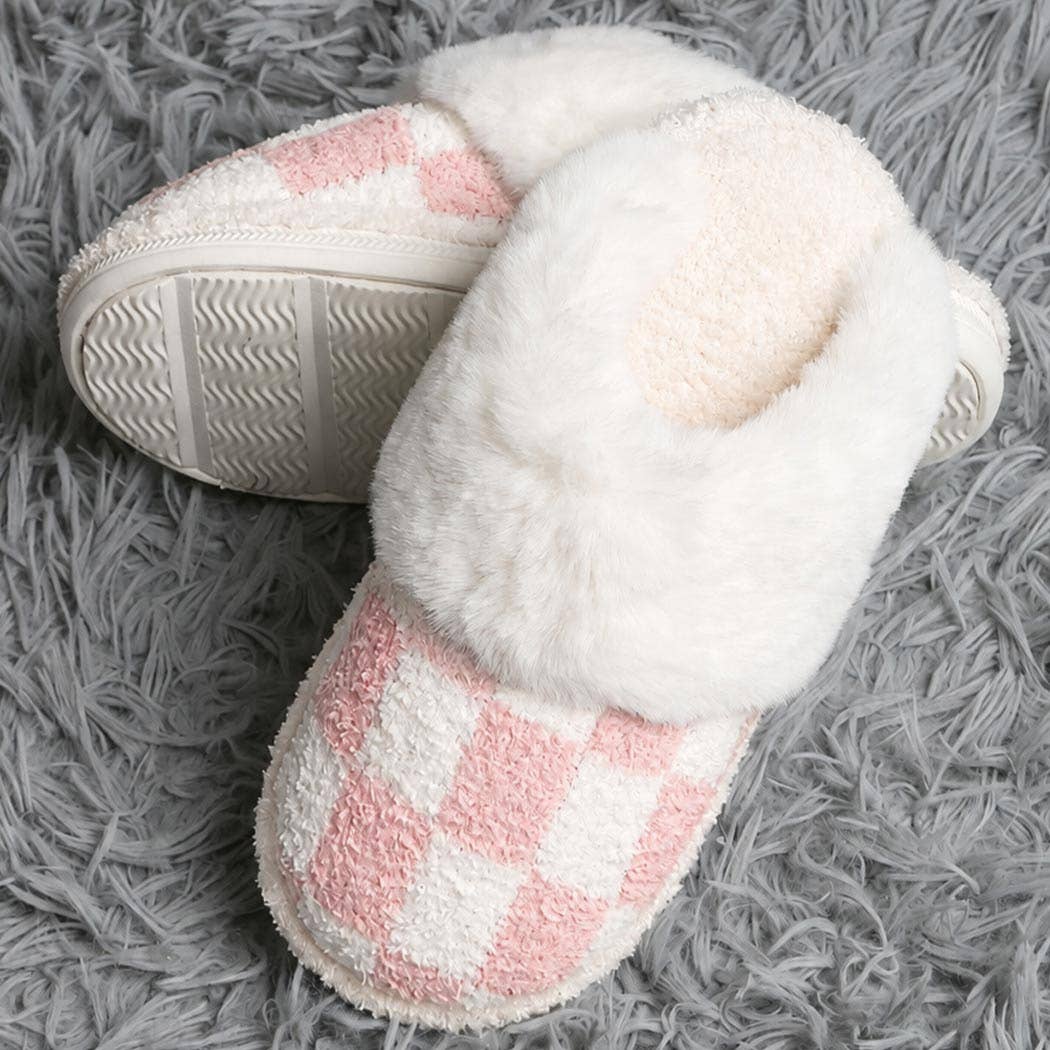 Checkered Faux Fur Cuff Mule Luxury Soft Slipper