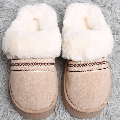 Faux Fur Suede Mule Slippers with Embroidered Trim