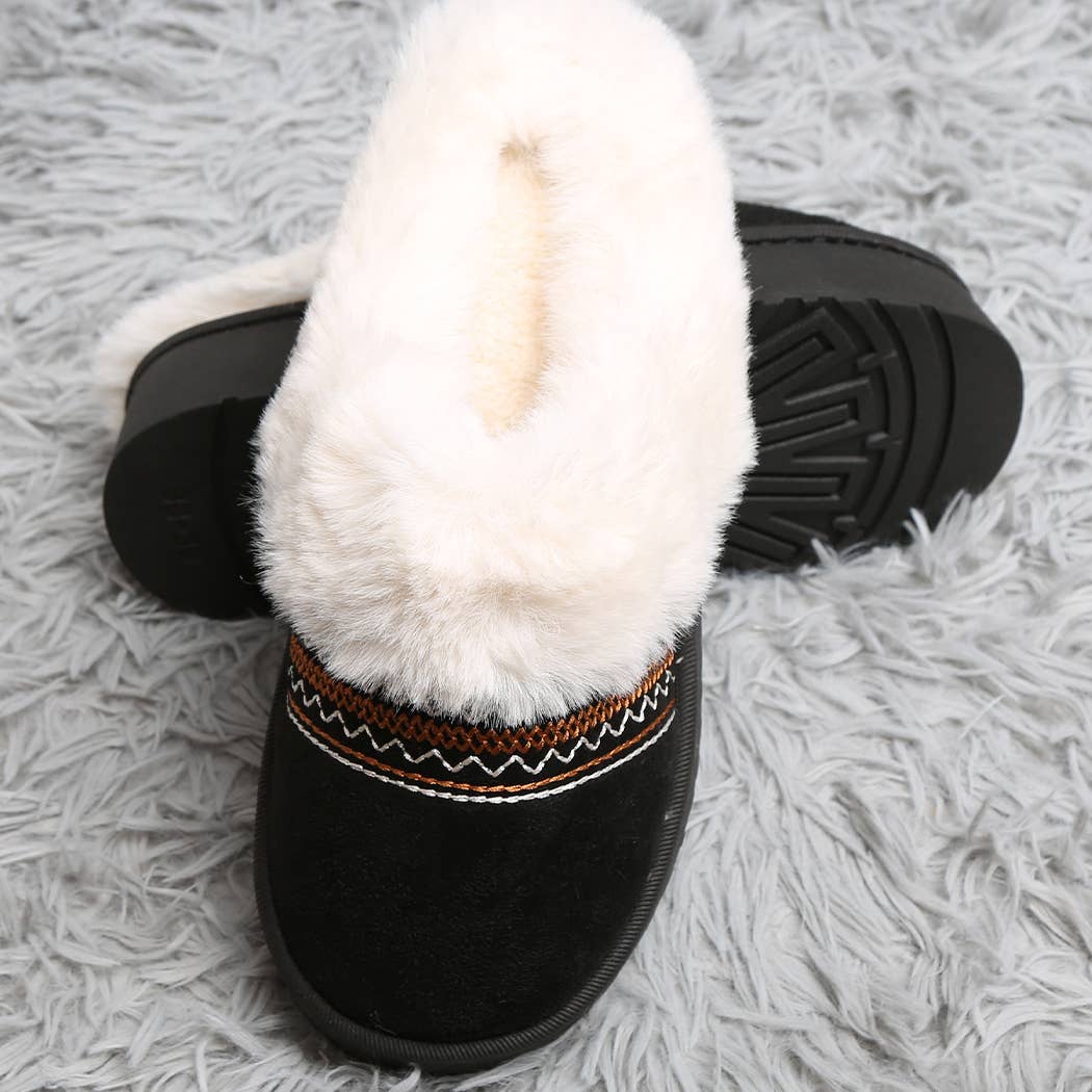 Faux Fur Suede Mule Slippers with Embroidered Trim