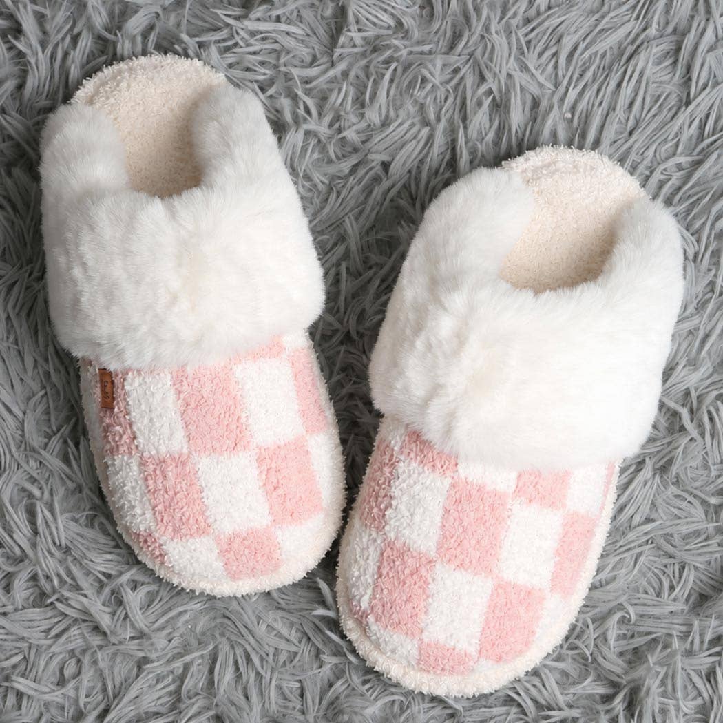 Checkered Faux Fur Cuff Mule Luxury Soft Slipper