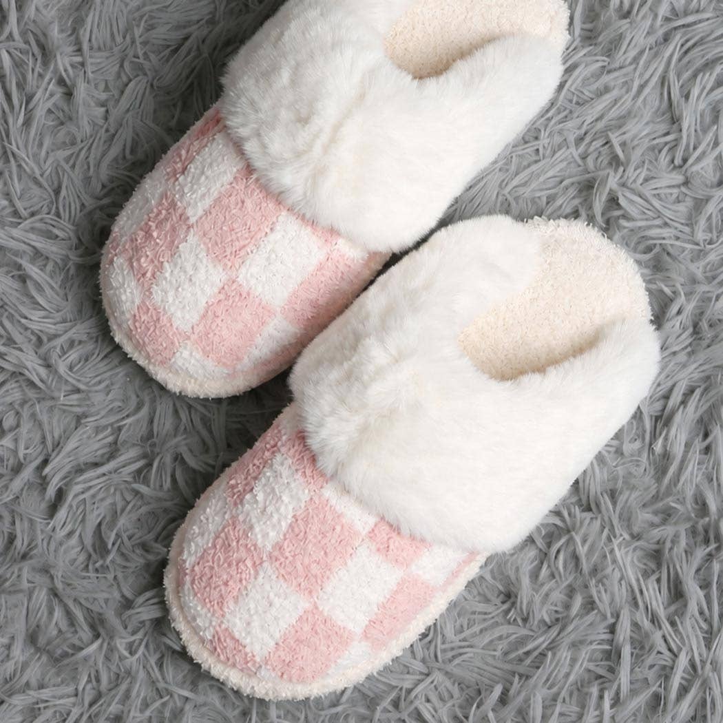 Checkered Faux Fur Cuff Mule Luxury Soft Slipper