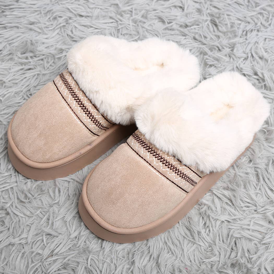 Faux Fur Suede Mule Slippers with Embroidered Trim