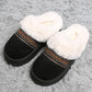 Faux Fur Suede Mule Slippers with Embroidered Trim