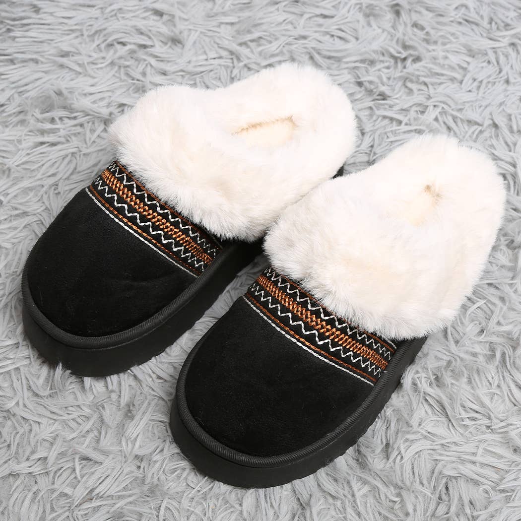 Faux Fur Suede Mule Slippers with Embroidered Trim