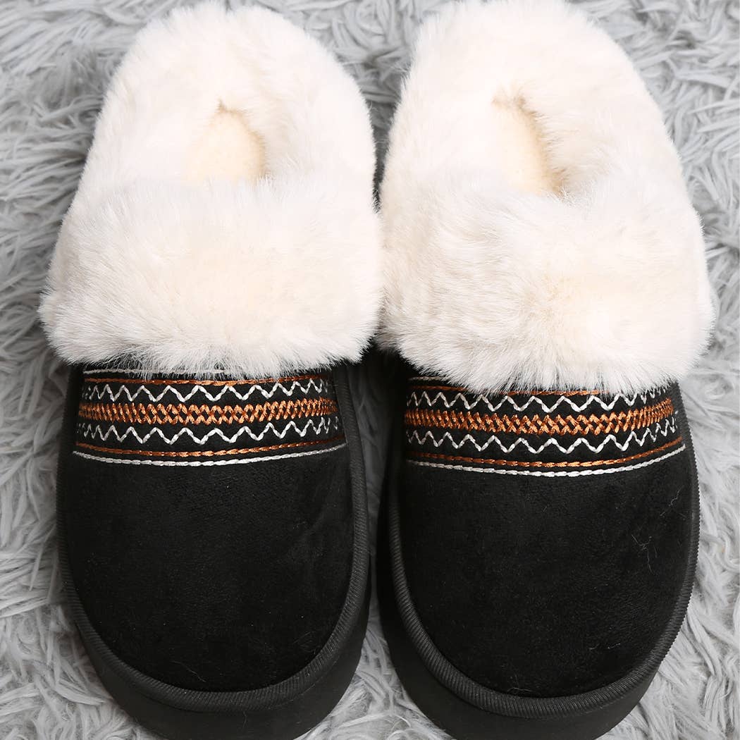 Faux Fur Suede Mule Slippers with Embroidered Trim