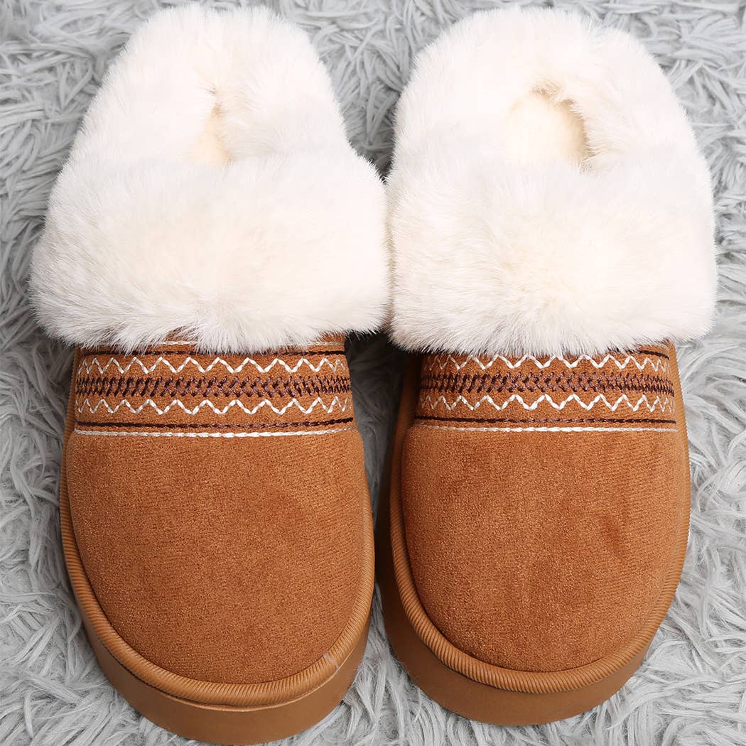 Faux Fur Suede Mule Slippers with Embroidered Trim