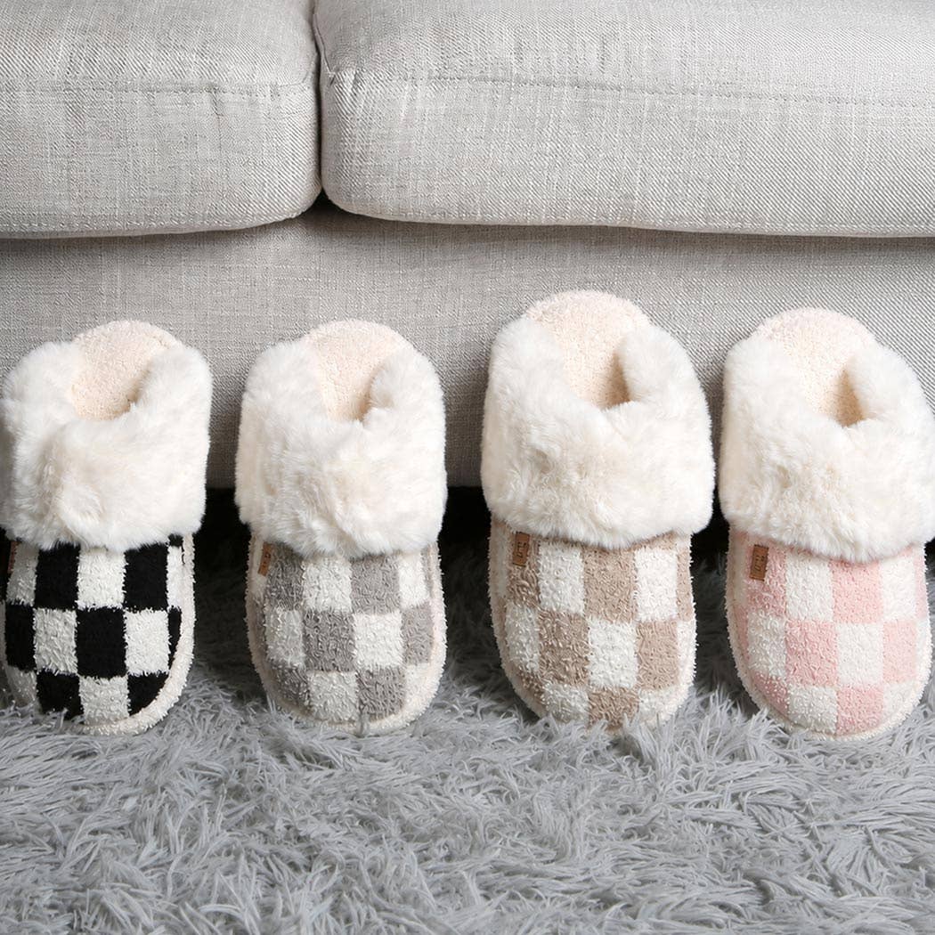 Checkered Faux Fur Cuff Mule Luxury Soft Slipper