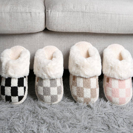 Checkered Faux Fur Cuff Mule Luxury Soft Slipper