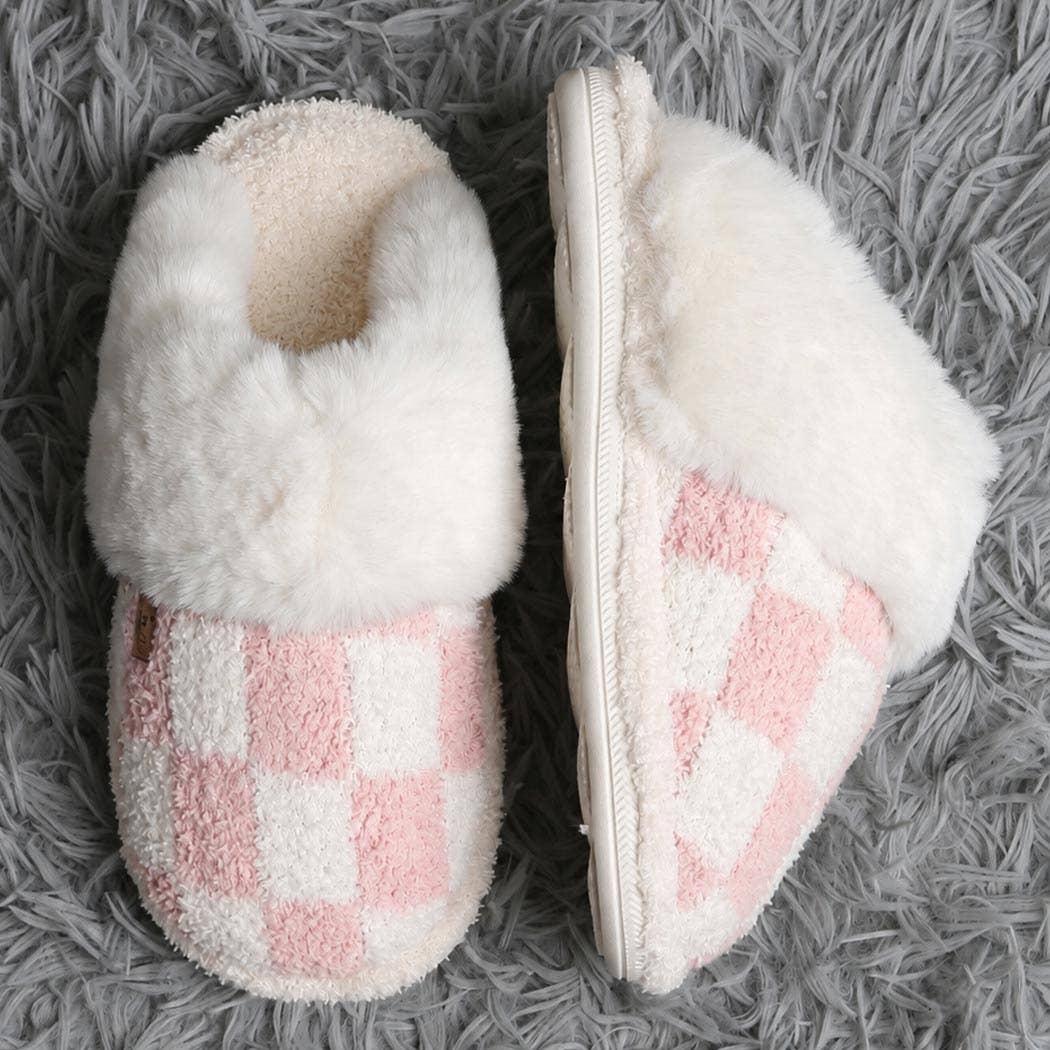 Checkered Faux Fur Cuff Mule Luxury Soft Slipper